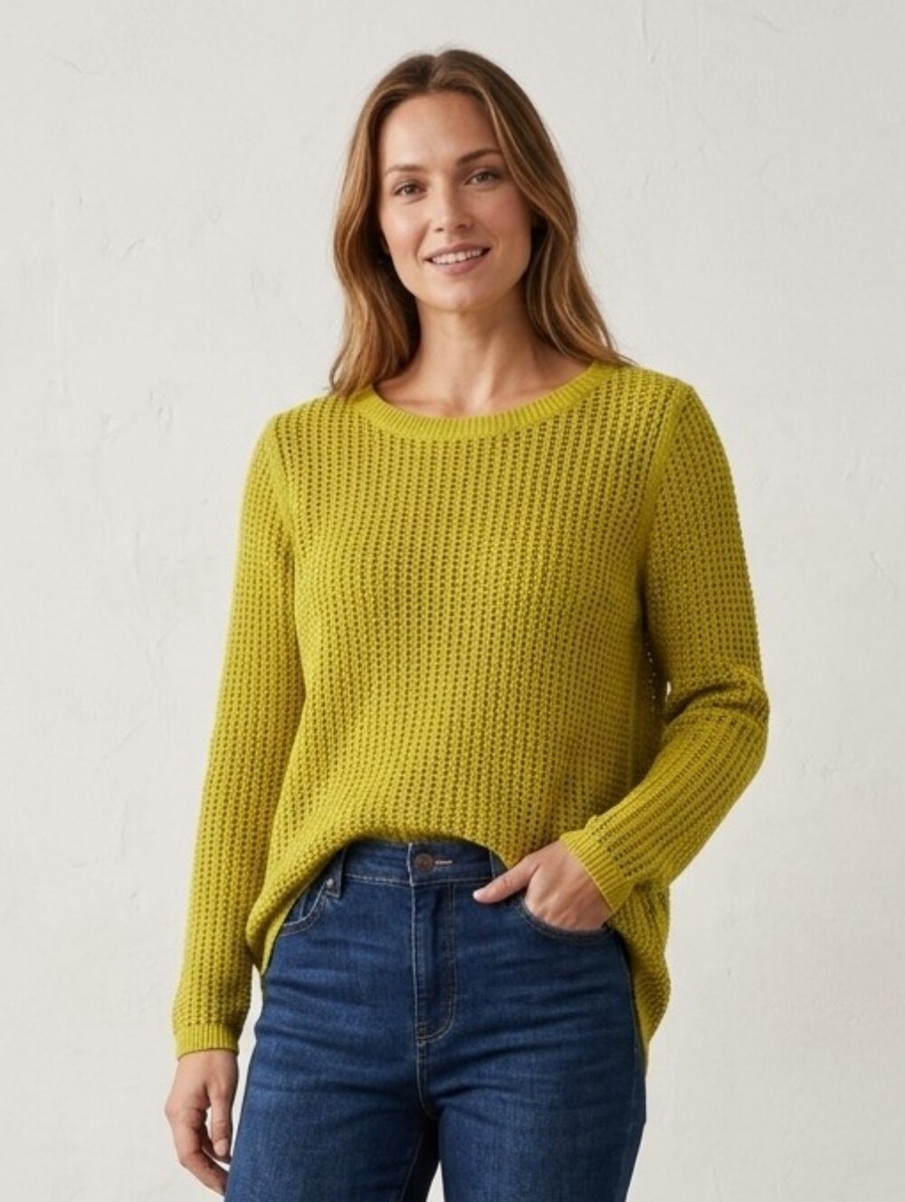 LOFT Chartreuse Open Knit Crewneck Sweater High-Low Curved Hem